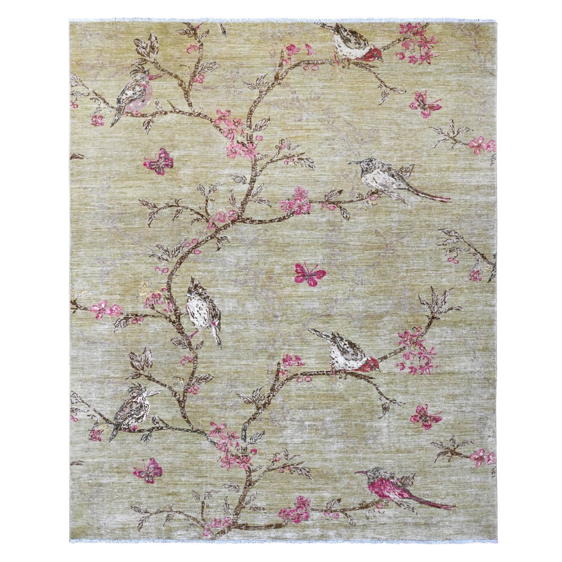 8'3"x9'9" Swamp Green with Touches of Pink, Peshawar, Sparrows on the Tree, Finely Hand Knotted, Soft 100% Wool, Oriental Rug 